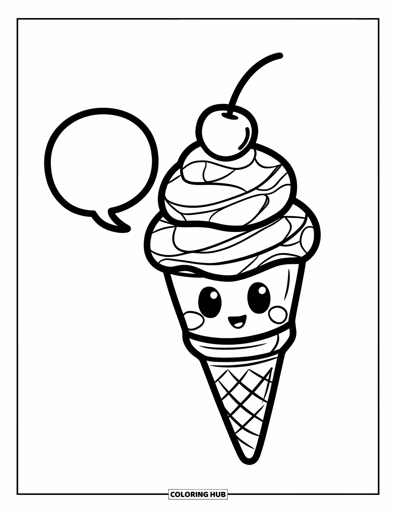 Ice Cream Cone Coloring Page for Kids: A cone with a candy swirl topping and cherry speaks in a playful bubble