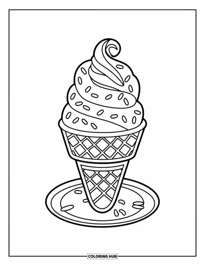 Desenho de casquinha de sorvete para colorir para crianças: Uma casquinha com cobertura de redemoinho e granulado está sobre um prato
