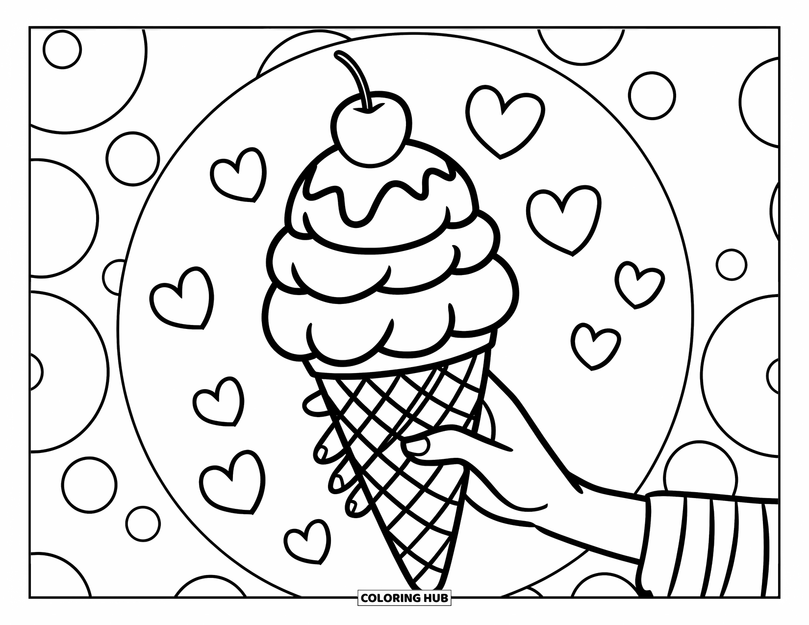 Ice Cream Cone Coloring Page for Kids: A cone with a cherry is held by a striped hand with circles behind