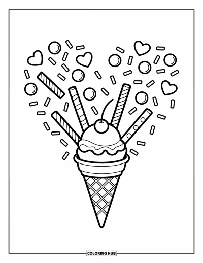 Desenho de casquinha de sorvete para colorir para crianças: Uma casquinha com cereja está rodeada por palitos de doce e granulado em formato de coração