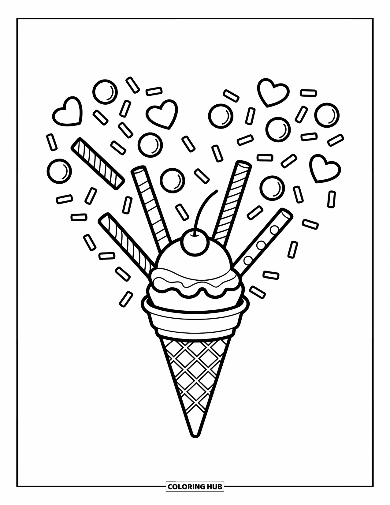 Ice Cream Cone Coloring Page for Kids: A cone with a cherry is surrounded by candy sticks and heart-shaped sprinkles