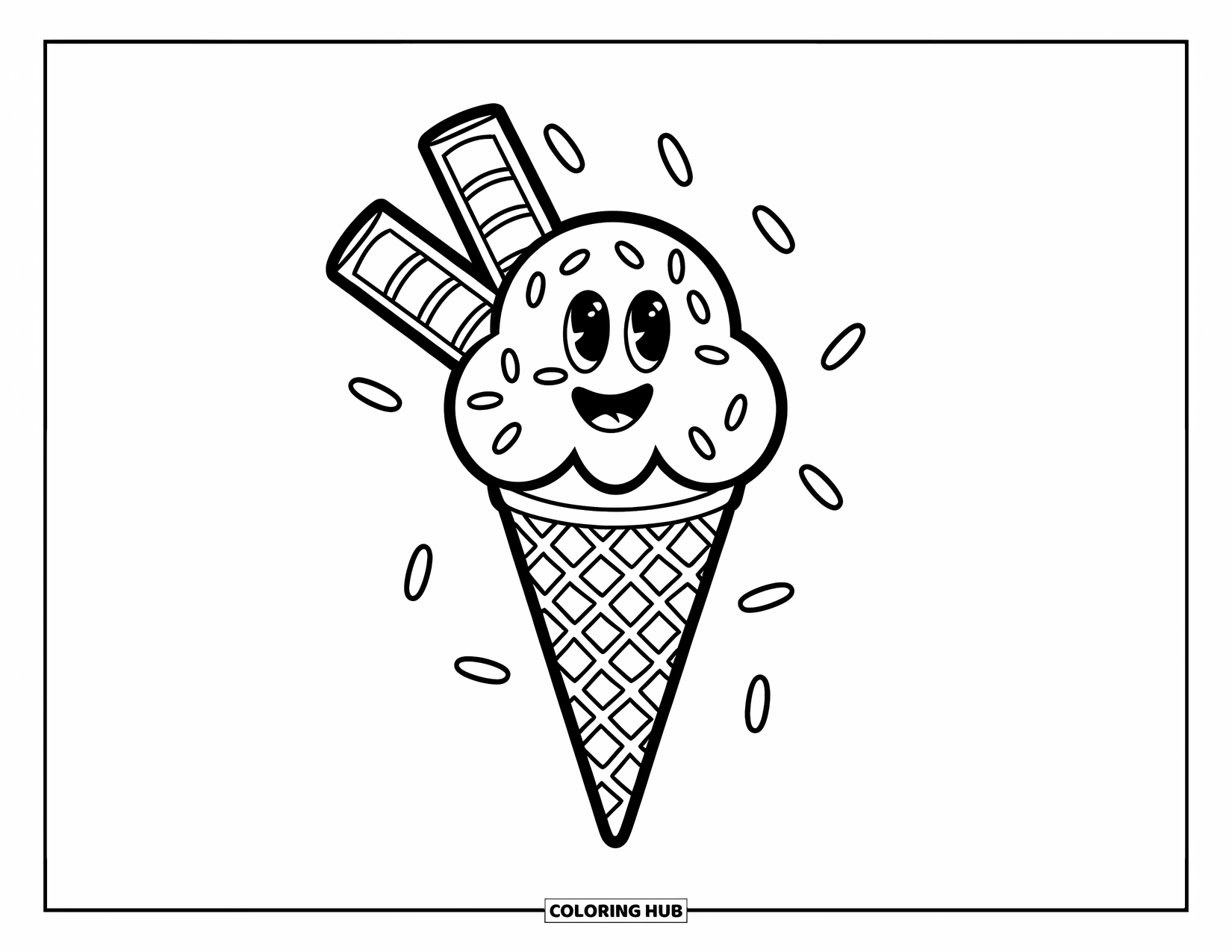 Ice Cream Cone Coloring Page for Kids: A cone with a wafer and sprinkles forms a happy face