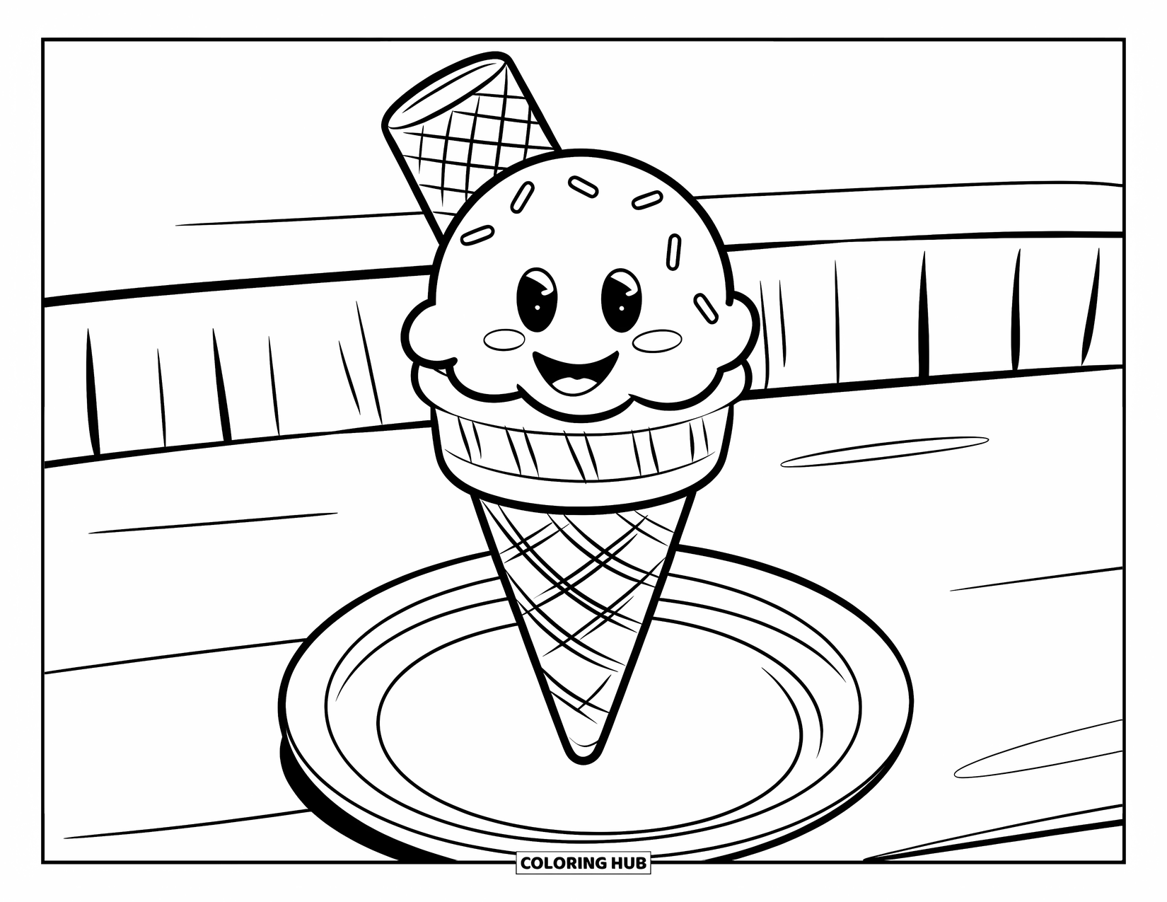 Ice Cream Cone Coloring Page for Kids: A cone with a wafer and sprinkles on a stick rests on a plate