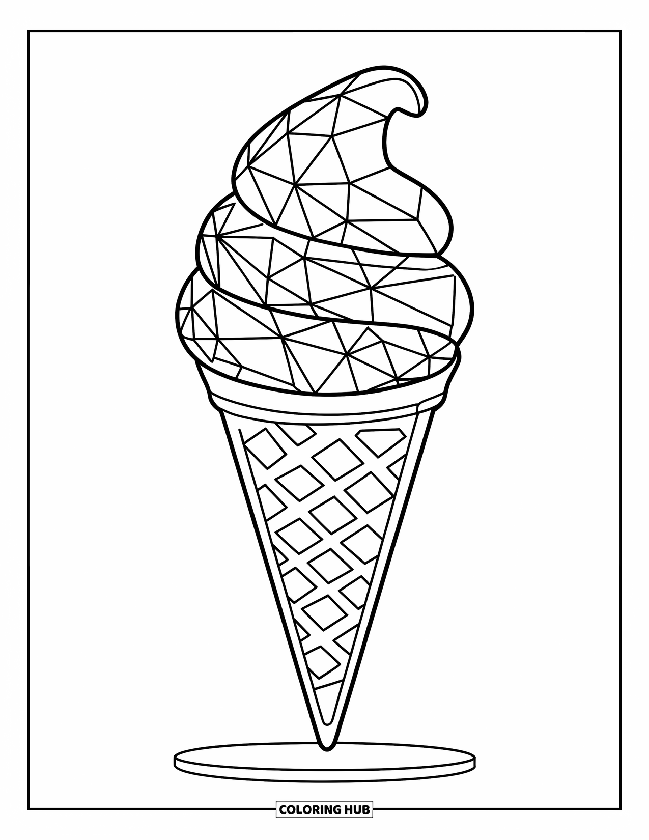 Ice Cream Cone Coloring Page for Kids: A cone with artistic scoops is displayed on a circular platform