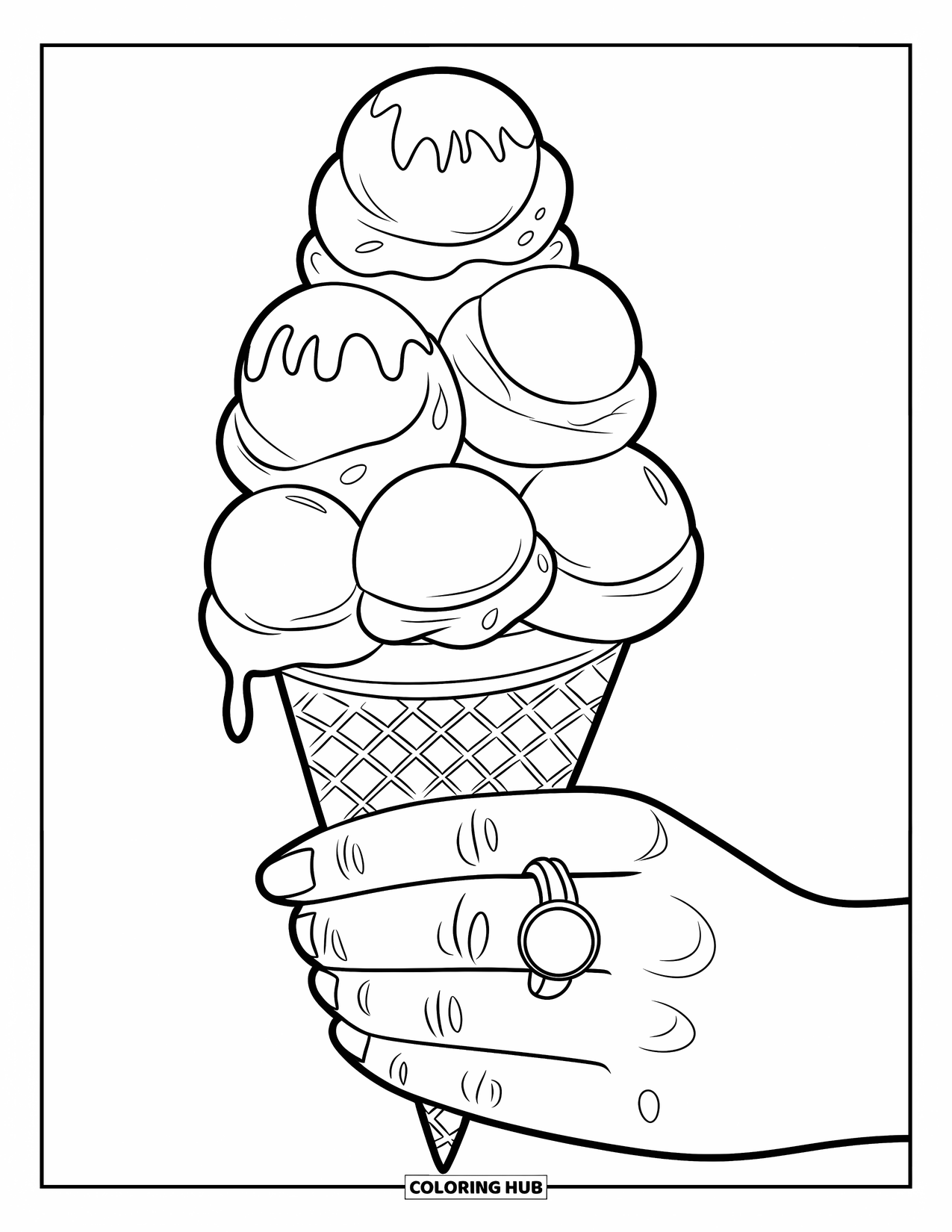 Ice Cream Cone Coloring Page for Kids: A cone with five scoops and whipped cream is held against a blank background