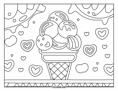 Desenho de casquinha de sorvete para colorir para crianças: Uma casquinha com várias bolas está rodeada por corações de confeito em uma tábua