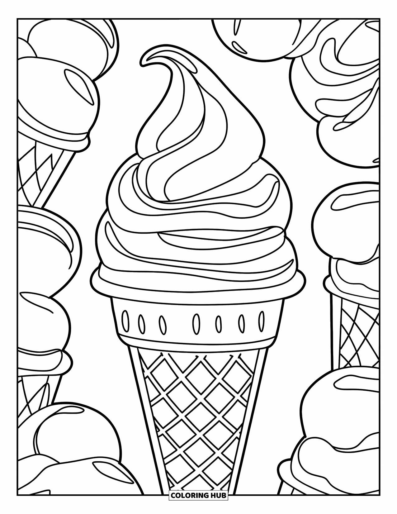 Ice Cream Cone Coloring Page for Kids: A cone with multiple swirl scoops is drawn with bold outlines
