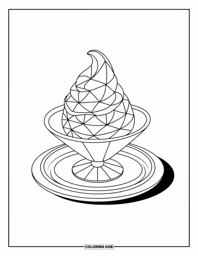 Desenho de casquinha de sorvete para colorir para crianças: Uma casquinha com bolas decoradas está cuidadosamente apoiada em um prato redondo