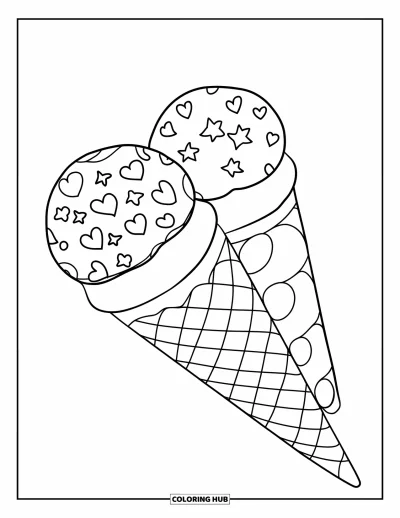 Desenho de casquinha de sorvete para colorir para crianças: Uma casquinha com bolas decoradas com estrelas, corações e espirais está em pé
