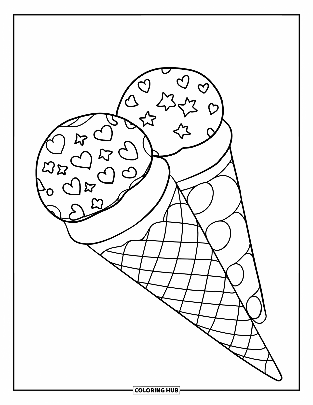 Ice Cream Cone Coloring Page for Kids: A cone with scoops patterned in stars, hearts, and swirls sits upright