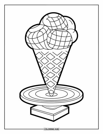 Desenho de casquinha de sorvete para colorir para crianças: Uma casquinha com bolas geométricas empilhadas está sobre uma base redonda