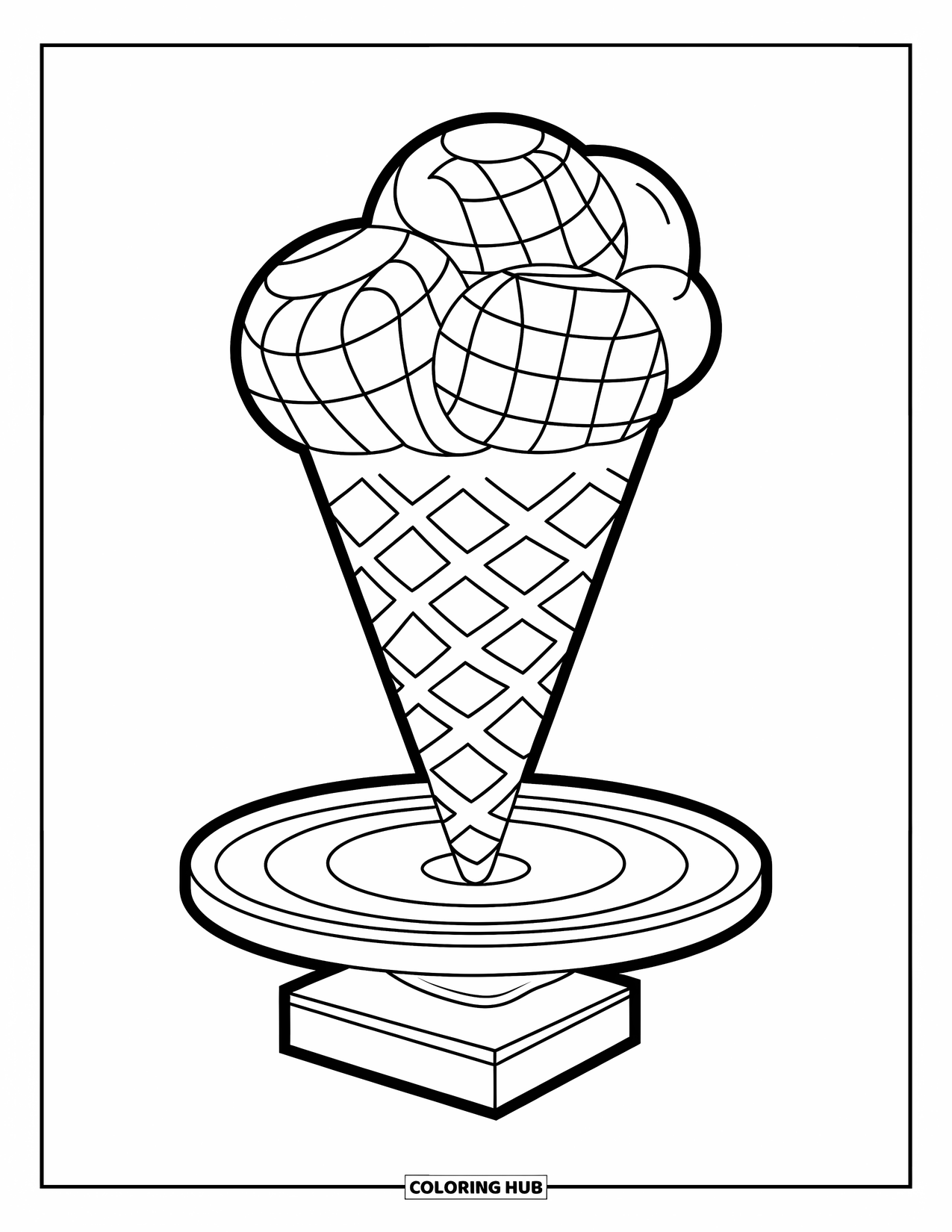 Ice Cream Cone Coloring Page for Kids: A cone with stacked geometric scoops stands on a round base