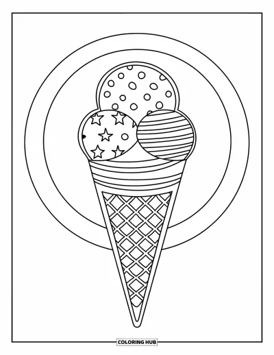 Desenho de casquinha de sorvete para colorir para crianças: Uma casquinha com três bolas decoradas com bolinhas, listras e estrelas forma uma torre
