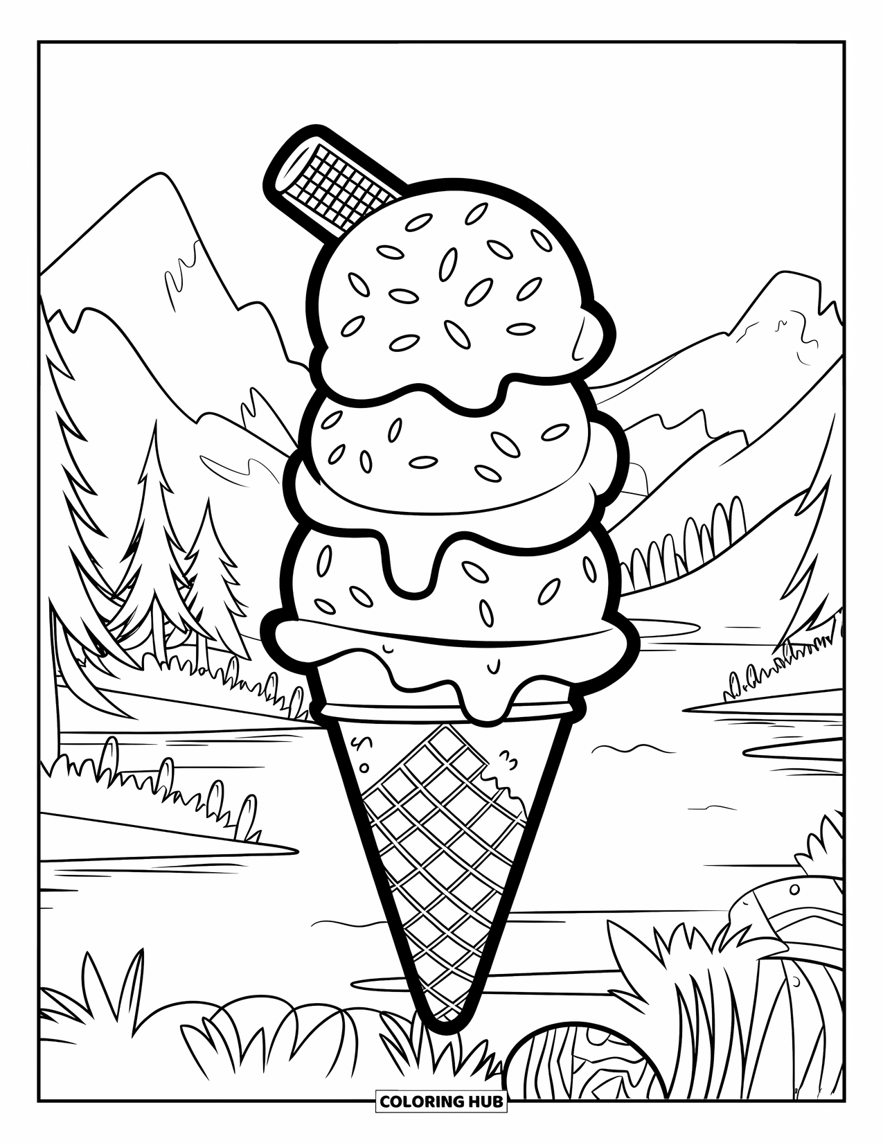 Ice Cream Cone Coloring Page for Kids: A cone with three scoops, sprinkles, and a wafer is held in a scenic view