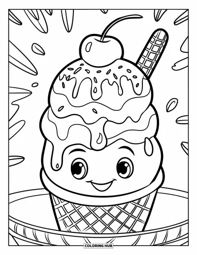 Desenho de casquinha de sorvete para colorir para crianças: Uma casquinha com três bolas, calda, biscoito wafer e cereja se ergue alta