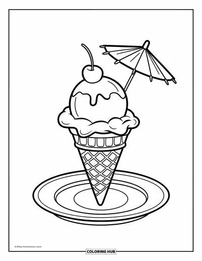Desenho de casquinha de sorvete para colorir para crianças: Uma casquinha com duas bolas, cereja e guarda-chuva está sobre um prato