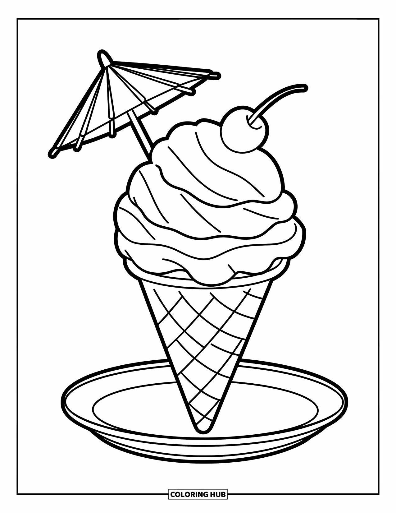 Ice Cream Cone Coloring Page for Kids: A cone with two scoops, a cherry, and an umbrella sits on a plate