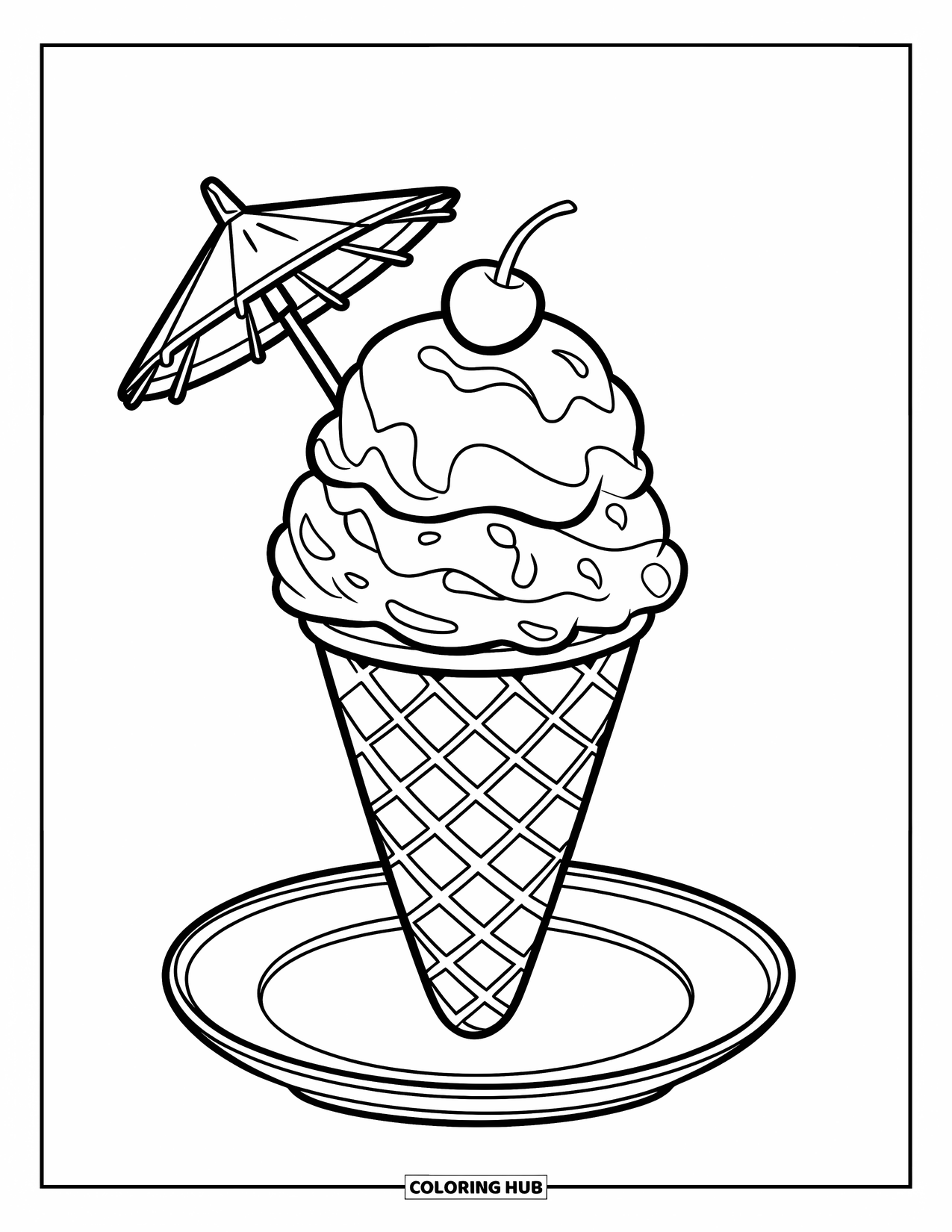 Ice Cream Cone Coloring Page for Kids: A double-scoop cone with a cherry and umbrella sits on a plate