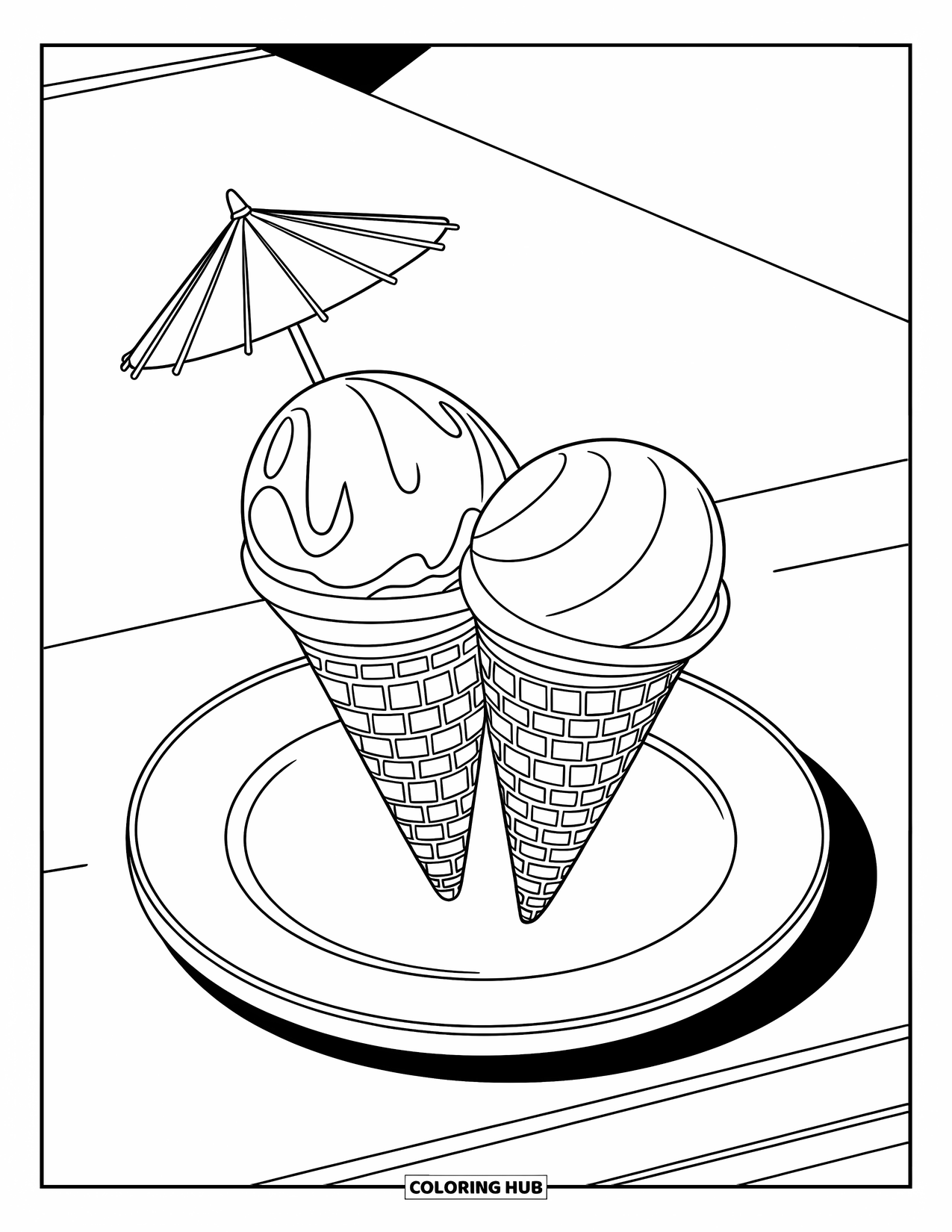 Ice Cream Cone Coloring Page for Kids: A double-scoop cone with an umbrella decoration is placed neatly on a plate