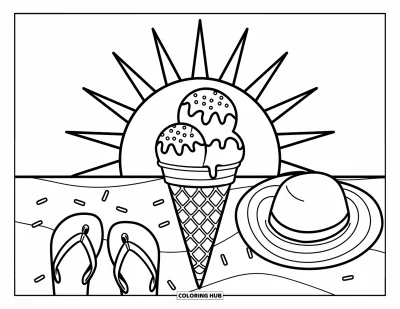 Desenho de casquinha de sorvete para colorir para crianças: Uma casquinha gotejante com granulado está ao lado de sandálias de verão e um sol brilhante