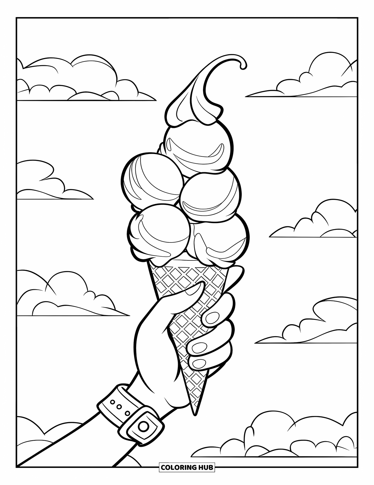 Ice Cream Cone Coloring Page for Kids: A five-scoop cone with whipped cream is held by a hand wearing a wristband