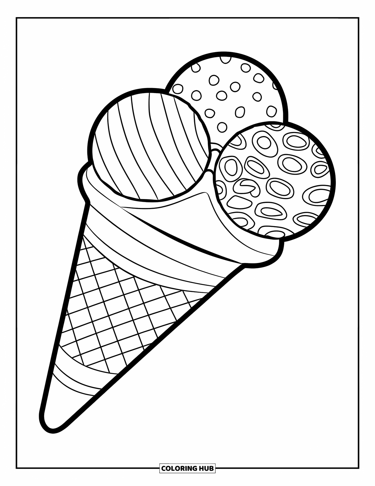 Ice Cream Cone Coloring Page for Kids: A large cone with patterned scoops of stripes, dots, and checks stands tall
