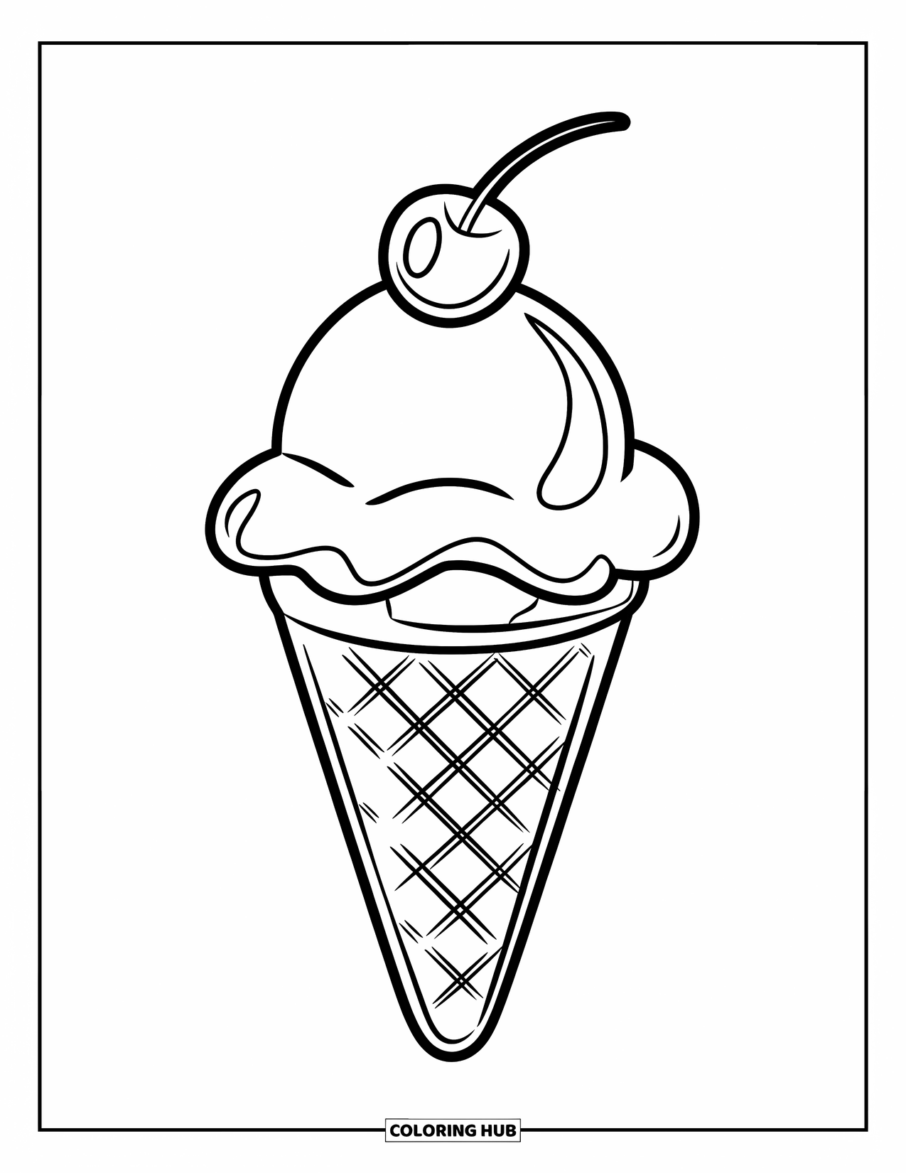 Ice Cream Cone Coloring Page for Kids: A large scoop cone with a cherry has a cheerful design