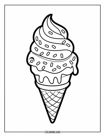 Desenho de casquinha de sorvete para colorir para crianças: Uma casquinha derretendo com espiral de doce e granulado está sobre uma base