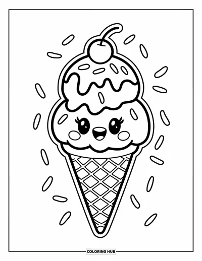 Desenho de casquinha de sorvete para colorir para crianças: Uma casquinha dupla divertida com granulado caindo e cereja está em pé