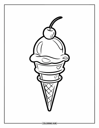 Desenho de casquinha de sorvete para colorir para crianças: Uma casquinha simples com uma bola e cereja se ergue alta