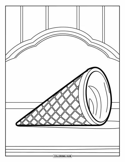 Desenho de casquinha de sorvete para colorir para crianças: Uma bola de sorvete em espiral está sobre uma casquinha apoiada numa superfície plana