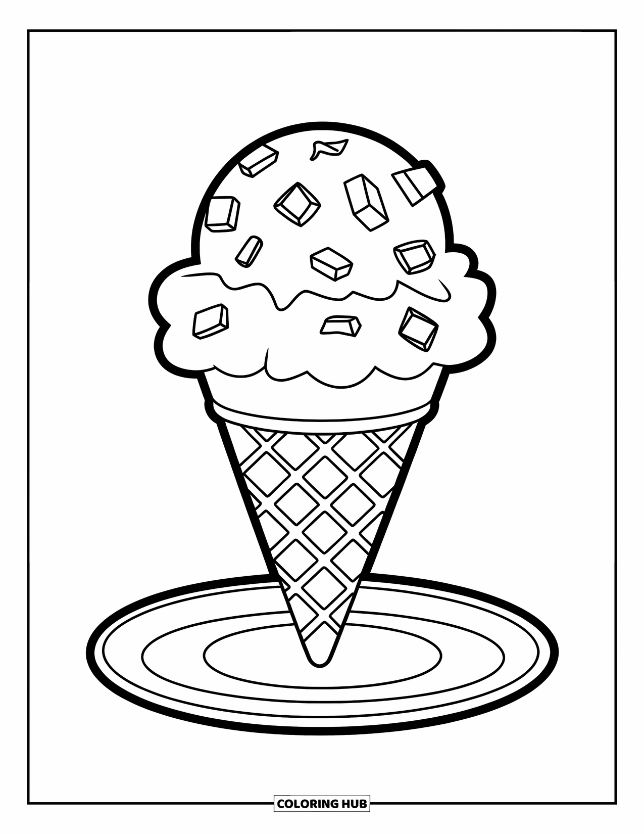 Ice Cream Cone Coloring Page for Kids: A small cone with a scoop and candy pieces sits on a round plate