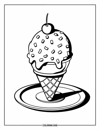 Desenho de casquinha de sorvete para colorir para crianças: Uma casquinha pequena com confeitos e uma cereja está sobre um prato
