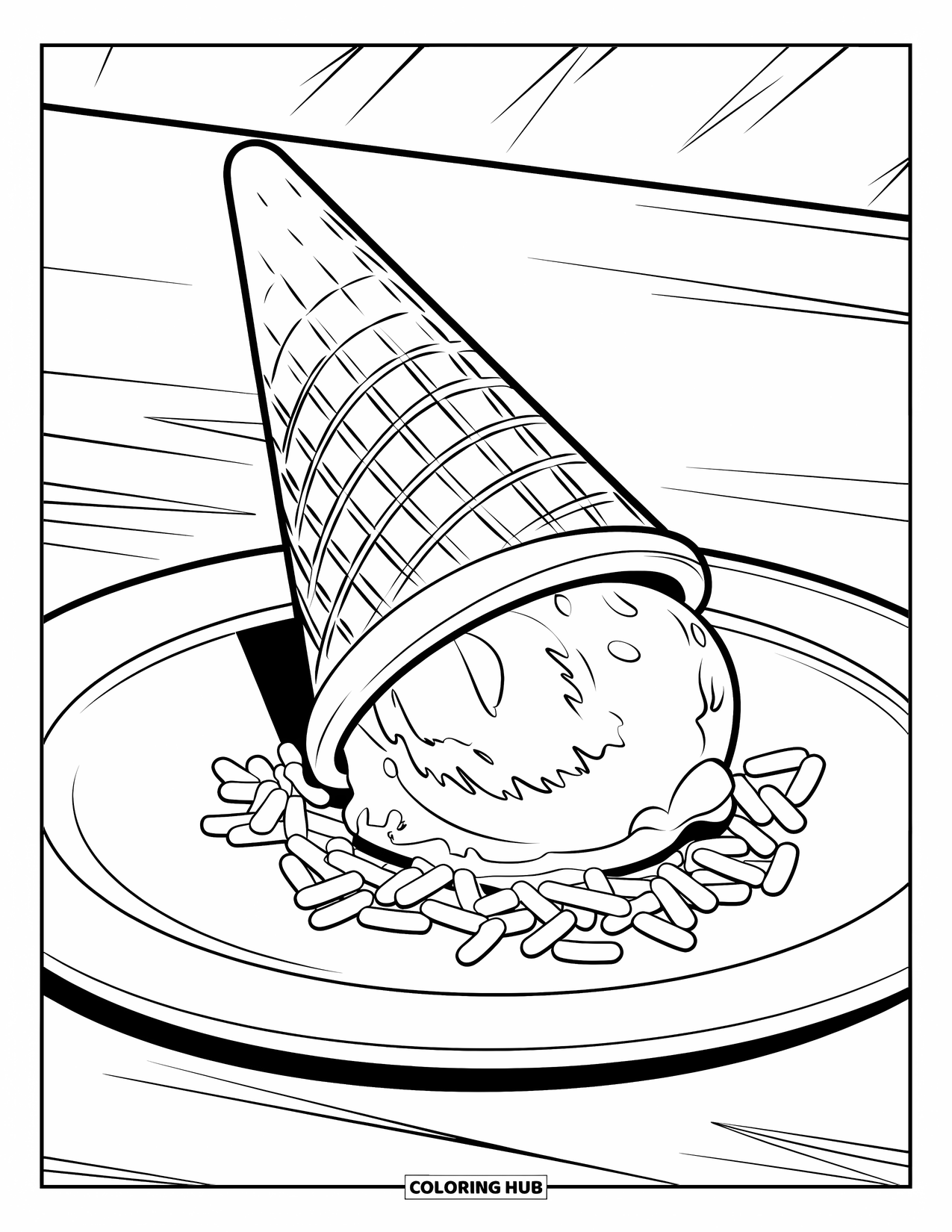 Ice Cream Cone Coloring Page for Kids: A small cone with sprinkles is placed neatly on a plate