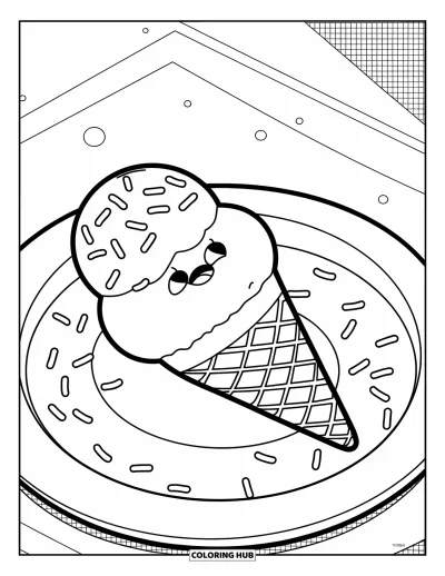 Desenho de casquinha de sorvete para colorir para crianças: Uma casquinha pequena com granulado está sobre um prato rodeado de pontinhos espalhados
