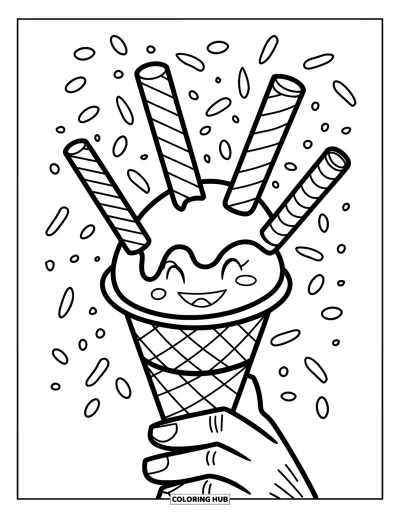 Desenho de casquinha de sorvete para colorir para crianças: Um personagem sorridente segura uma casquinha rodeada de palitos de doce e granulado