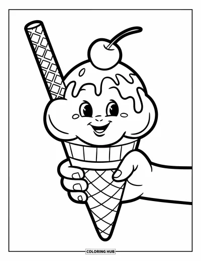 Desenho de casquinha de sorvete para colorir para crianças: Uma casquinha sorridente com wafer e calda é segurada por uma mão