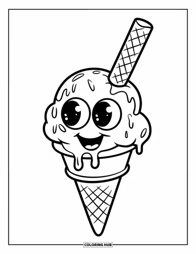 Desenho de casquinha de sorvete para colorir para crianças: Uma casquinha sorridente com olhos grandes tem wafer e calda por cima