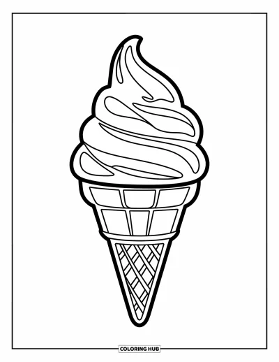 Desenho de casquinha de sorvete para colorir para crianças: Uma casquinha de sorvete cremoso com padrão em espiral está em pé