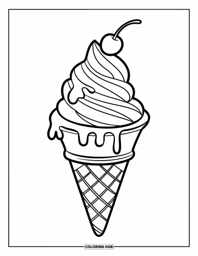 Desenho de casquinha de sorvete para colorir para crianças: Um sorvete cremoso com calda e cereja é erguido com uma mão