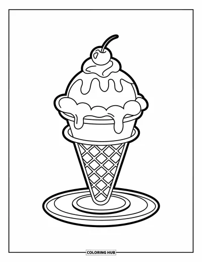Desenho de casquinha de sorvete para colorir para crianças: Uma casquinha estilo sundae com sorvete, chantilly e cereja está sobre um prato