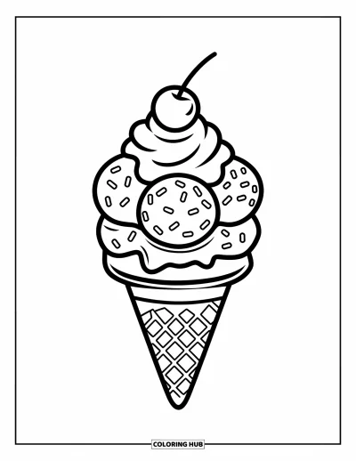 Desenho de casquinha de sorvete para colorir para crianças: Uma casquinha estilo sundae com bolas, chantilly, granulado e cereja parece deliciosa