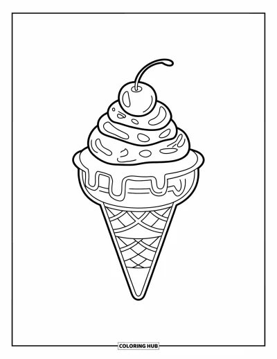 Desenho de casquinha de sorvete para colorir para crianças: Uma casquinha estilo sundae com chantilly e cereja se ergue alta
