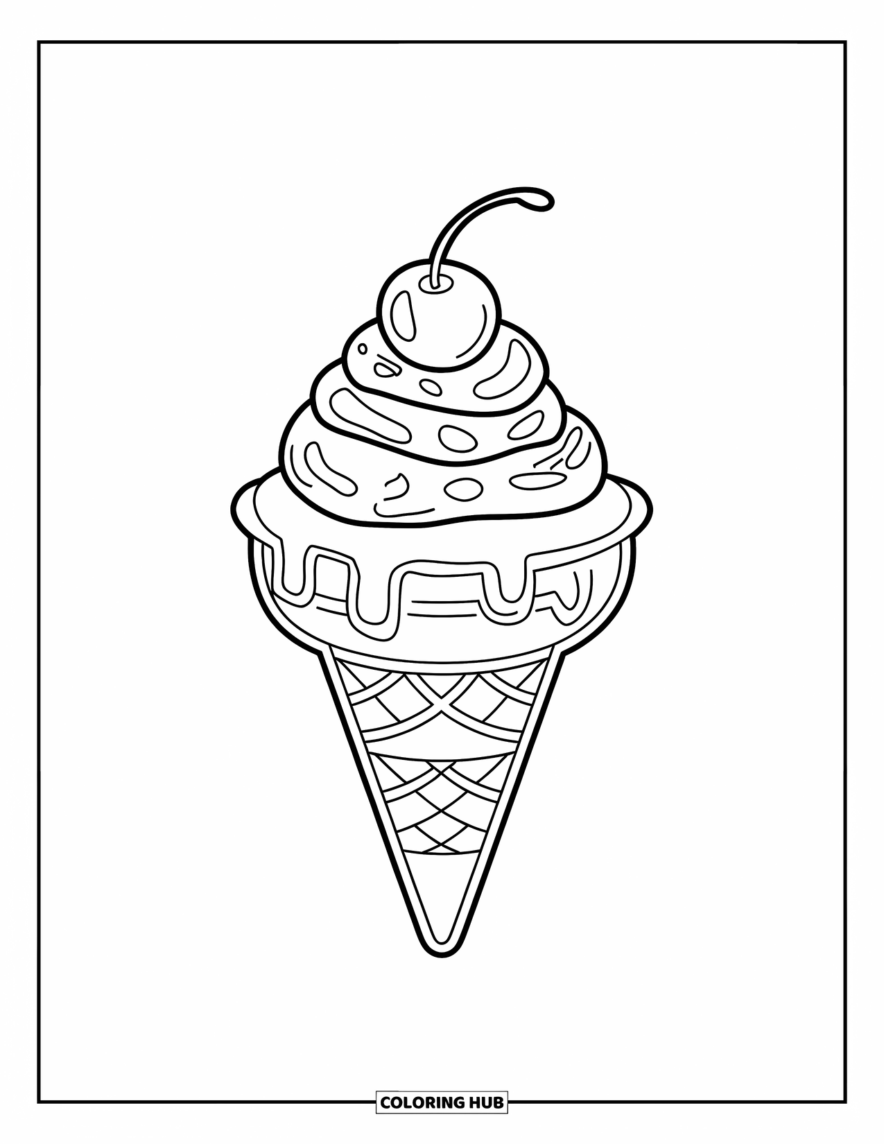 Ice Cream Cone Coloring Page for Kids: A sundae-style cone with whipped cream and a cherry stands tall