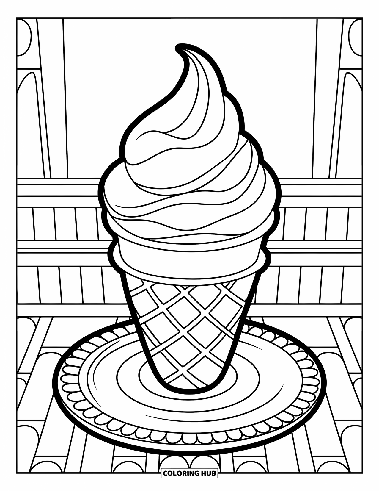 Ice Cream Cone Coloring Page for Kids: A swirl scoop cone sits on a textured round base