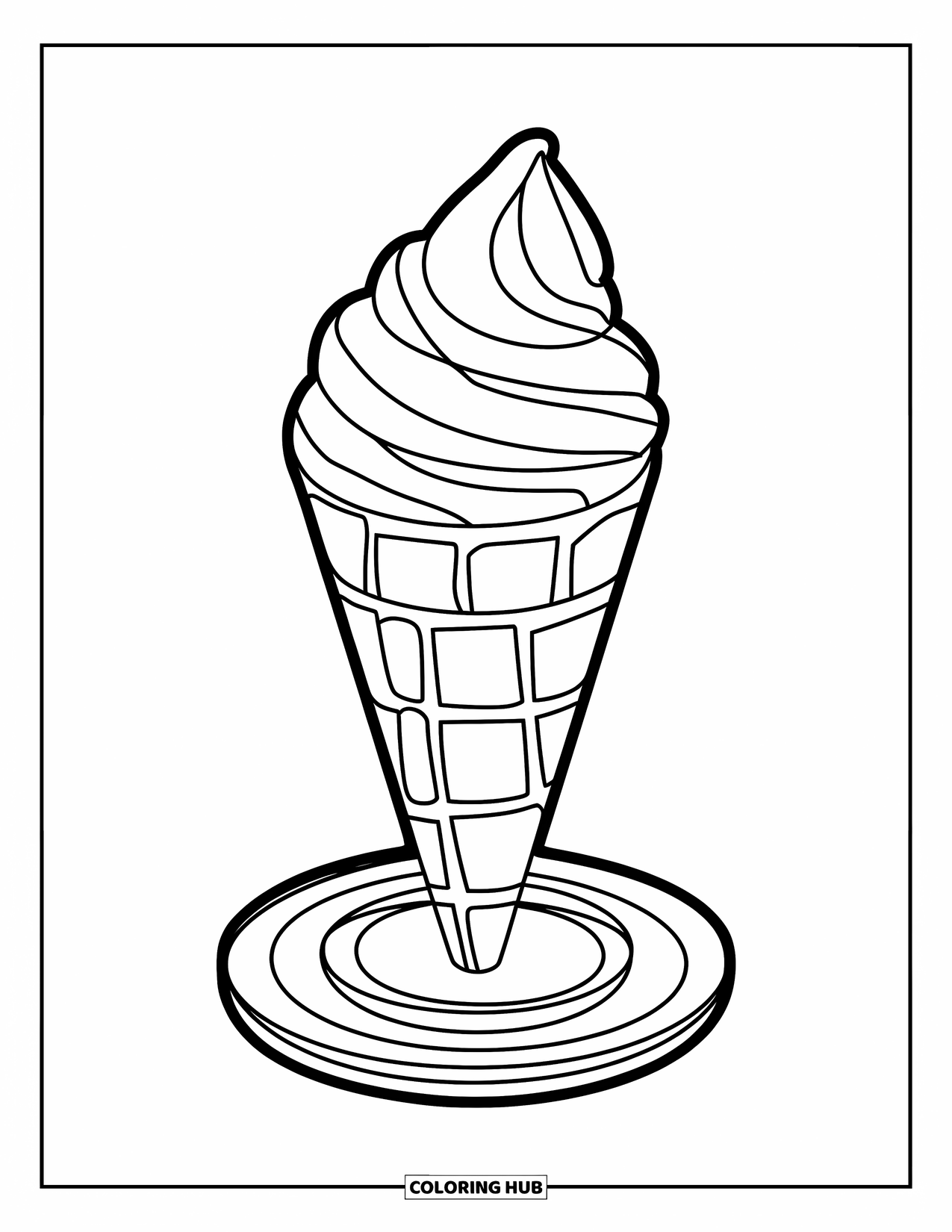 Ice Cream Cone Coloring Page for Kids: A swirl scoop cone stands on a circular base with moderate details
