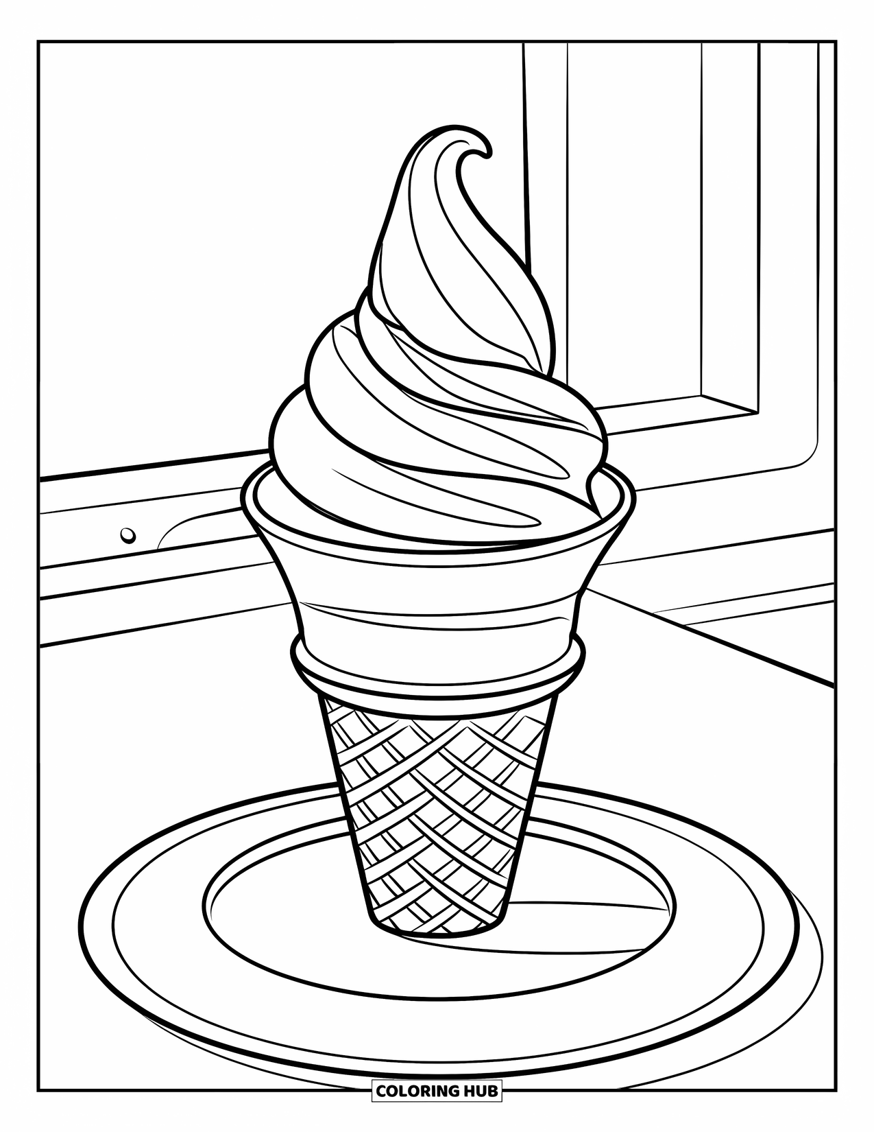 Ice Cream Cone Coloring Page for Kids: A swirl-topped cone on a stick rests on a plate