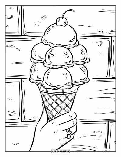 Desenho de casquinha de sorvete para colorir para crianças: Uma casquinha alta com cinco bolas e chantilly é segurada por uma mão com anel