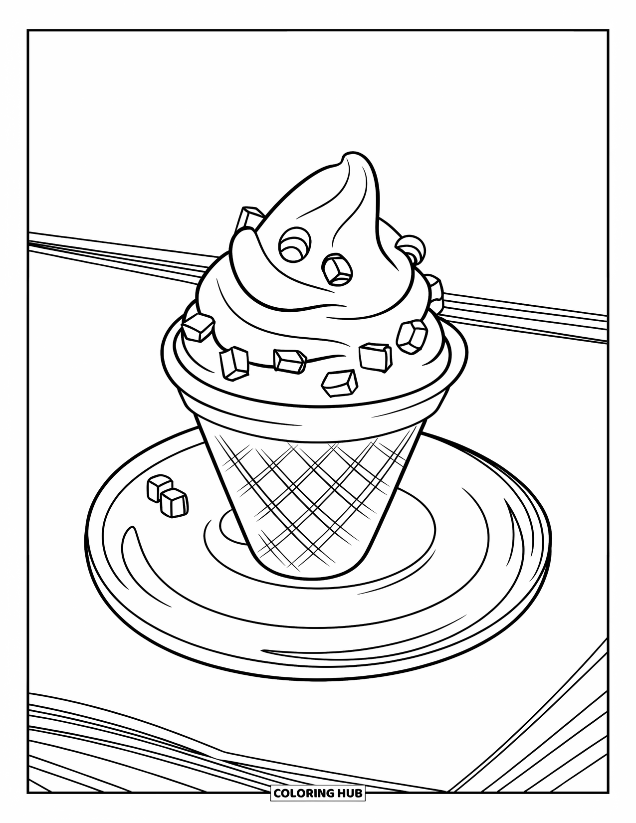 Ice Cream Cone Coloring Page for Kids: A tiny cone with sprinkles rests neatly on a plate