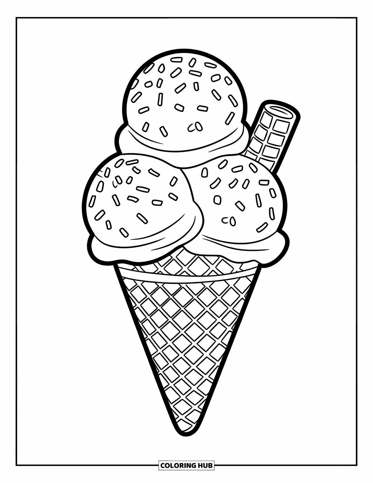 Ice Cream Cone Coloring Page for Kids: A triple-scoop cone with sprinkles and a wafer sits in a waffle cone